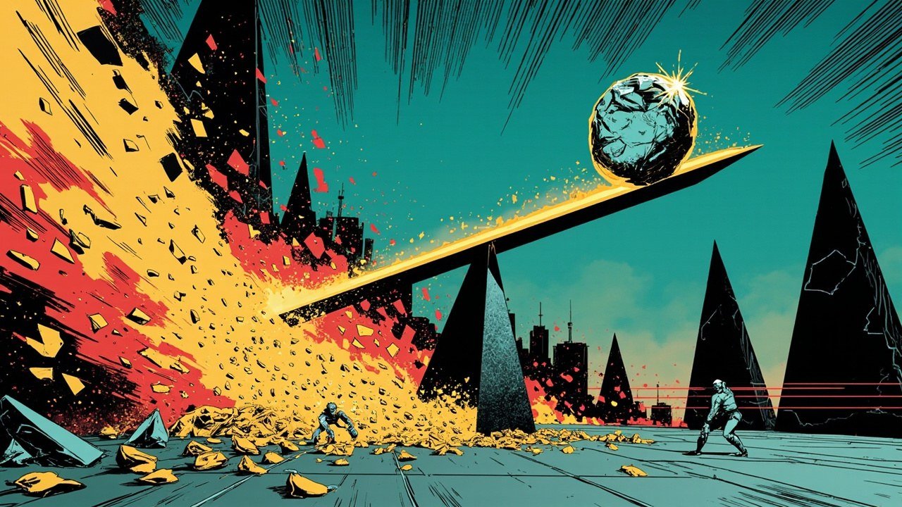 Modern comic book cover illustration in bold black ink with halftone dot shading. A long diagonal balance beam pivots across a deep teal sky, holding one glowing blue faceted crystal at its raised end while a cascade of electric gold shards spills down to the left. Dark angular spires and a distant city skyline fill the background, and two small silhouetted figures brace at the base. No text or lettering appears anywhere in the image.