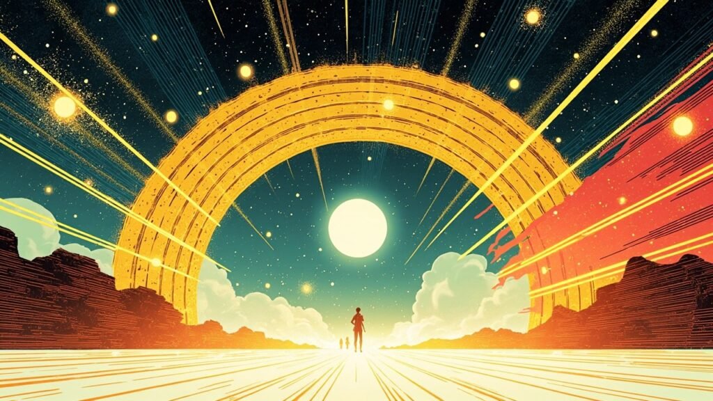 Modern comic book cover illustration for a DTCC Tokenization Service launch story. A huge arch of interwoven golden light bands curves across a deep teal night sky, cradling a brilliant smooth white orb of light at its centre. Golden rays sweep outward across the frame and small motes of light drift along the bands. Below, a single small silhouetted human figure stands on a glowing pale floor, dwarfed by the arch, with dark rock formations on either side. Bold black ink outlines, comic halftone dot shading, vivid cel-shaded colours, deep teal and electric gold palette with white highlights and a hot crimson accent. No text or lettering anywhere.