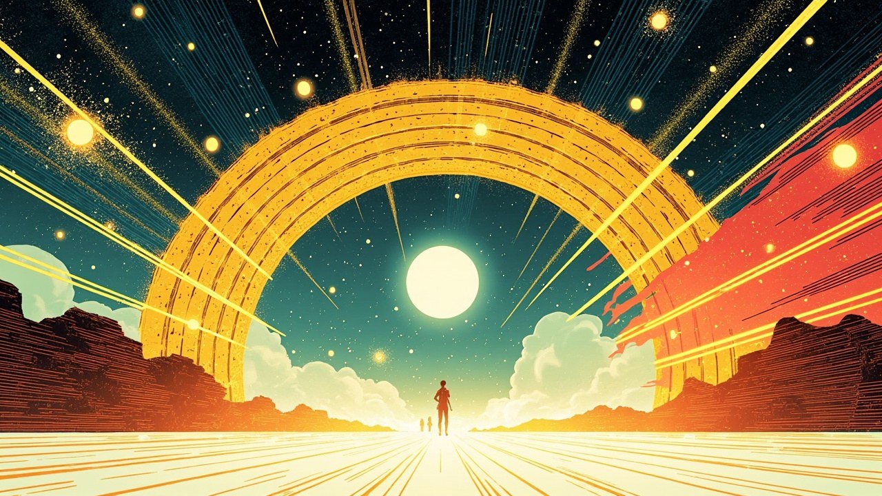 Modern comic book cover illustration for a DTCC Tokenization Service launch story. A huge arch of interwoven golden light bands curves across a deep teal night sky, cradling a brilliant smooth white orb of light at its centre. Golden rays sweep outward across the frame and small motes of light drift along the bands. Below, a single small silhouetted human figure stands on a glowing pale floor, dwarfed by the arch, with dark rock formations on either side. Bold black ink outlines, comic halftone dot shading, vivid cel-shaded colours, deep teal and electric gold palette with white highlights and a hot crimson accent. No text or lettering anywhere.