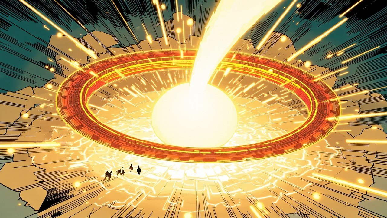 Modern comic book cover illustration. A colossal glowing golden ring of interlaced luminous bands forms a protective cradle around a brilliant white orb, with a beam of crimson and gold light arcing down into the ring and smooth radiating rays sweeping outward. Four tiny silhouetted figures stand at a distance watching, on a luminous golden floor. Deep teal, electric gold and hot crimson palette with bold black ink outlines and comic halftone dot shading. No text appears anywhere in the image.