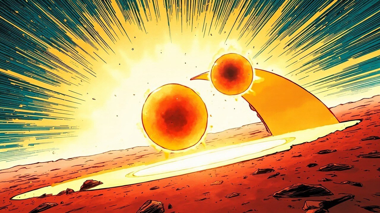 Modern comic book cover illustration for a Zcash NU7 upgrade story. Two large perfectly smooth glowing orbs float in deep teal space, one radiant electric gold and one deep crimson, held apart by a single slender arc of pure light that curves between them. A wide burst of smooth continuous rays of pale light fans out behind the orbs, and the lower third of the frame is a wide red and orange rocky plain rendered in bold black ink with comic halftone hatching. Small dark rocks are scattered across the plain. Bold black ink outlines, comic halftone dot shading, vivid cel-shaded colours, deep teal and electric gold palette with white highlights and a hot crimson accent. No text or lettering anywhere.