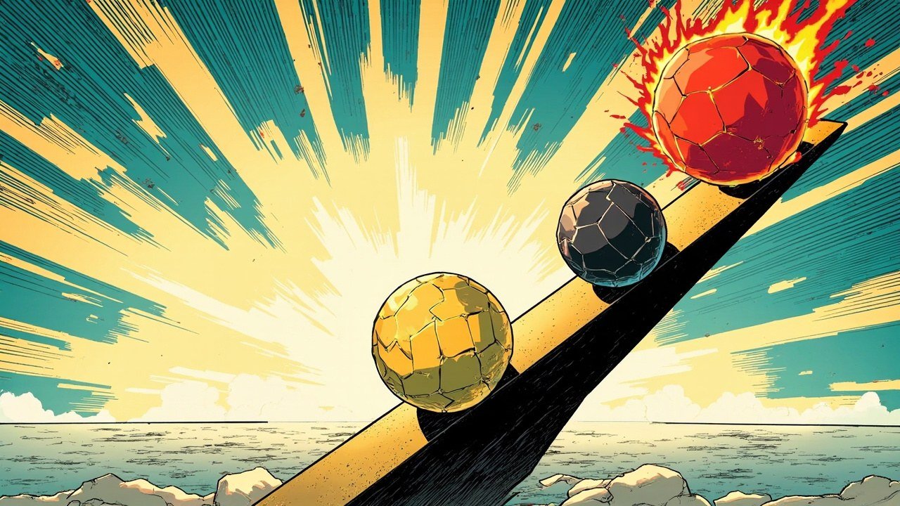 Modern comic book cover illustration with bold black ink outlines and halftone dot shading. A vast tilted balance beam holds two large faceted energy orbs, one glowing gold and one dark crimson with red flames streaming off it, above a low rocky horizon under a burst of teal and gold light.