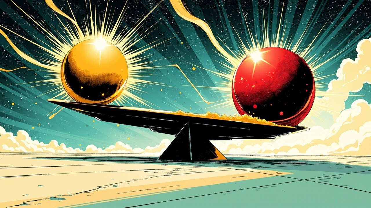 Modern comic book cover illustration for Coinbase Q3 earnings. A bold black ink balance beam tilts at a steep angle across the frame, one end holding a large glowing gold orb and the other a large glowing crimson orb, each throwing out sharp radiating rays, with tiny golden dots streaming down like sand. The background is a deep teal field with a pale cream and green flat ground plain and stylised clouds. Bold thick black ink outlines, comic halftone dot shading, vivid cel-shaded colours, no text, no letters, no numbers, no logos and no watermarks.