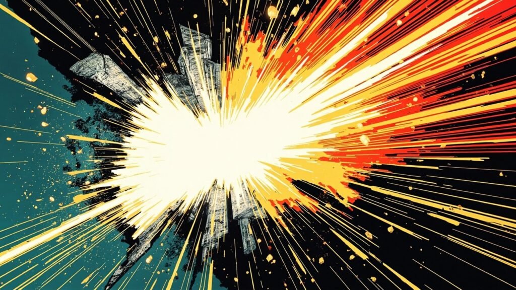 Modern comic book cover illustration for the Binance hack. A vast jagged crack splits open across the whole frame with brilliant white and electric gold light pouring out of the fissure, thin bright rays crossing it and streams of tiny glowing motes swirling out. Two grey angular rock shards flank the crack against a deep teal field with a crimson ray sunburst. Bold thick black ink outlines, comic halftone dot shading, vivid cel-shaded colours, no text, no letters, no numbers, no logos and no watermarks.
