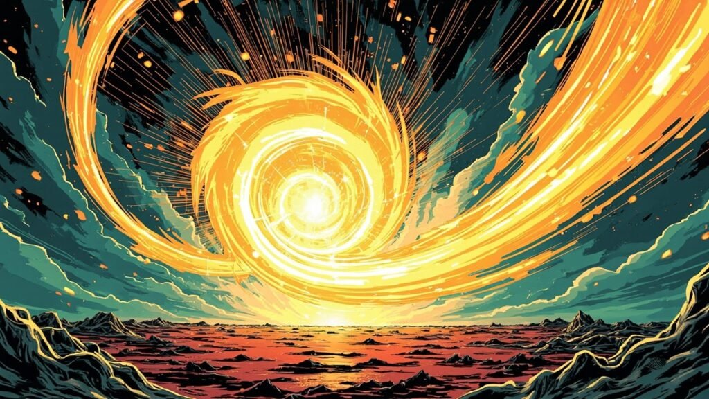 Modern comic book cover illustration for the Canton Network tokenized deposits pilot. A colossal spiral of golden and orange light coils around a brilliant white glowing core in the upper left of the frame, and a second golden stream sweeps in from the right. The sky is deep teal with green cloud bands, and the lower third is a crimson plain crossed by dark black and gold ink mountain ridges. Bold thick black ink outlines, comic halftone dot shading, vivid cel-shaded colours, no text, no letters, no numbers, no logos and no watermarks.