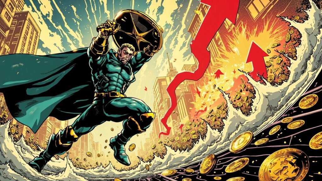 Comic book cover illustration: Bitcoin ETF Outflows Hit $244M as XRP Funds Defy October Flush