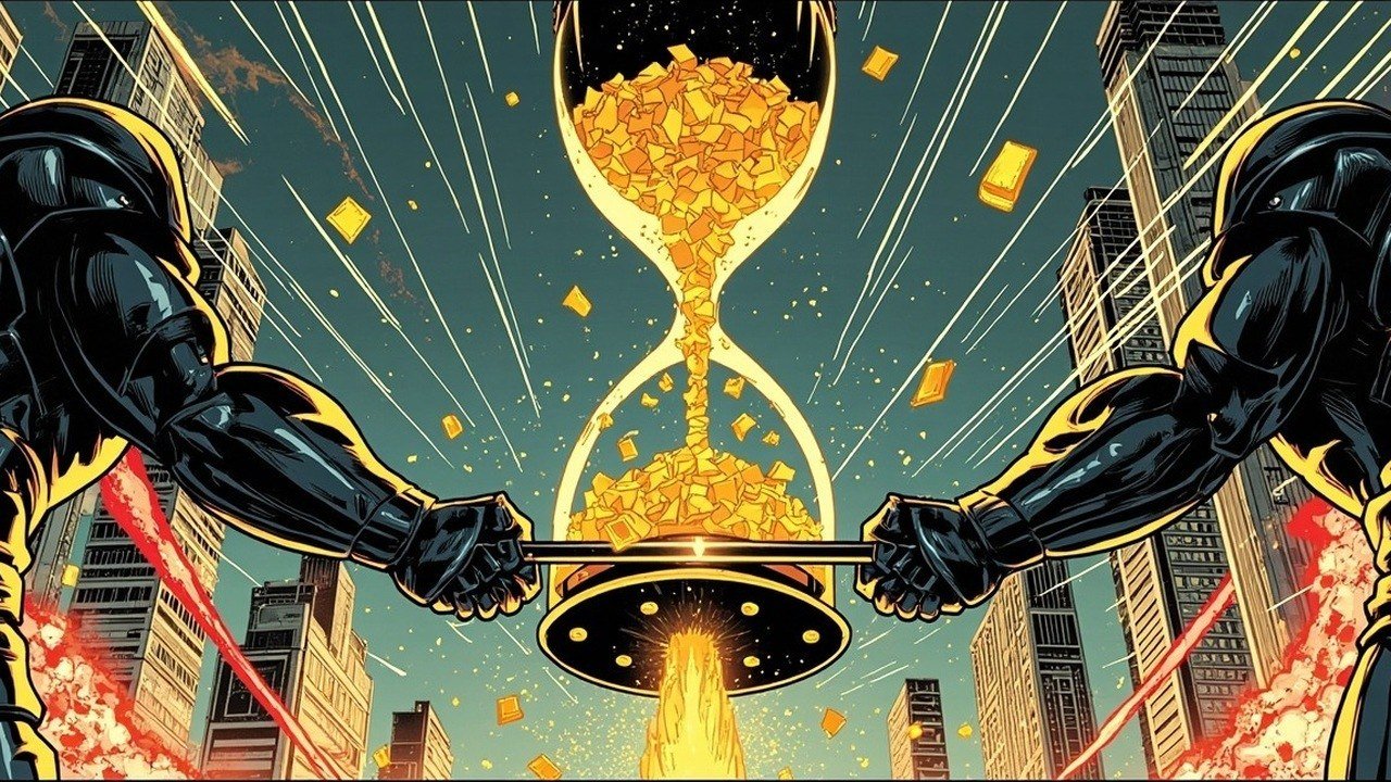 Modern comic book cover illustration in deep teal, gold, black and crimson with bold black ink outlines and halftone dot shading. Two black-armored figures stand on opposite sides of a city intersection, gripping opposite ends of a long balance beam, straining against each other as a colossal golden hourglass hangs suspended between them with its upper chamber packed with bright angular gold shards and a narrow stream draining into a wide basin below. Gold fragments and crimson shockwaves burst outward through the stylized financial district skyline.