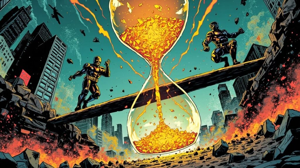 Modern comic book cover illustration in teal and gold of a huge hourglass of molten gold above a city skyline, with two armored figures on a balance beam at either side.