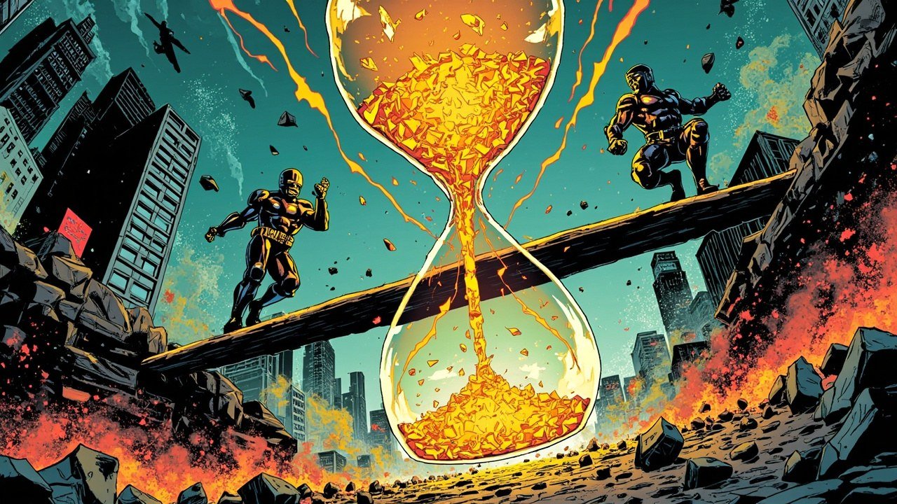Modern comic book cover illustration in teal and gold of a huge hourglass of molten gold above a city skyline, with two armored figures on a balance beam at either side.