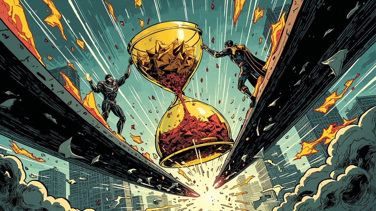 Modern comic book cover illustration. A giant golden hourglass packed with angular gold shards hangs suspended above a city intersection, with two dark armored figures on opposite sides straining against a massive balance beam to keep it from emptying. Gold fragments, red shards and flames burst outward against a teal sky with a stylized financial district skyline below.
