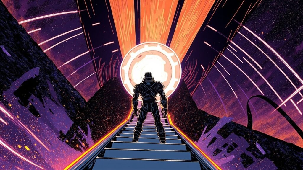 Modern comic book cover illustration in deep navy, purple and neon orange. A heroic robot engineer seen from behind climbs a steep ramp carrying a giant glowing geometric lens of light toward a distant ring of luminous arches, with sharp speed lines radiating across the sky.