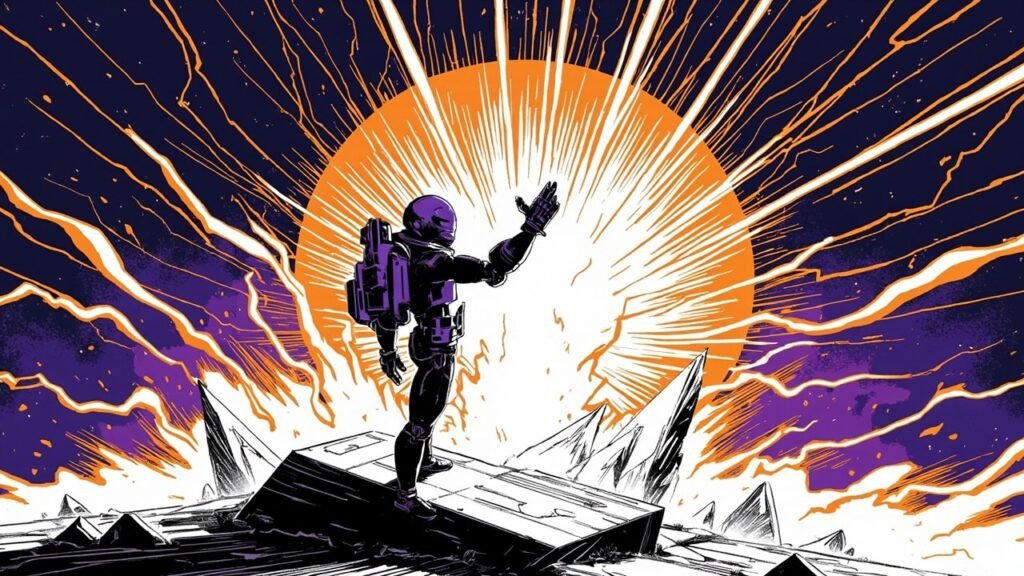 Modern comic book cover illustration in deep navy, purple and neon orange: a purple and black robot engineer seen from behind raises one arm toward a huge white starburst, standing on a fractured geometric platform ringed by sharp crystal shards and electric energy arcs. Bold black ink outlines, halftone shading, no text.