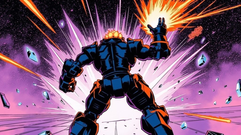 Modern comic book cover illustration in bold black ink with comic halftone dot shading: a bulky robot engineer seen from behind raises a glowing crystal prism, sending angular beams of light across an open geometric field with floating crystal shards, in a deep navy and electric purple palette with neon orange accents.