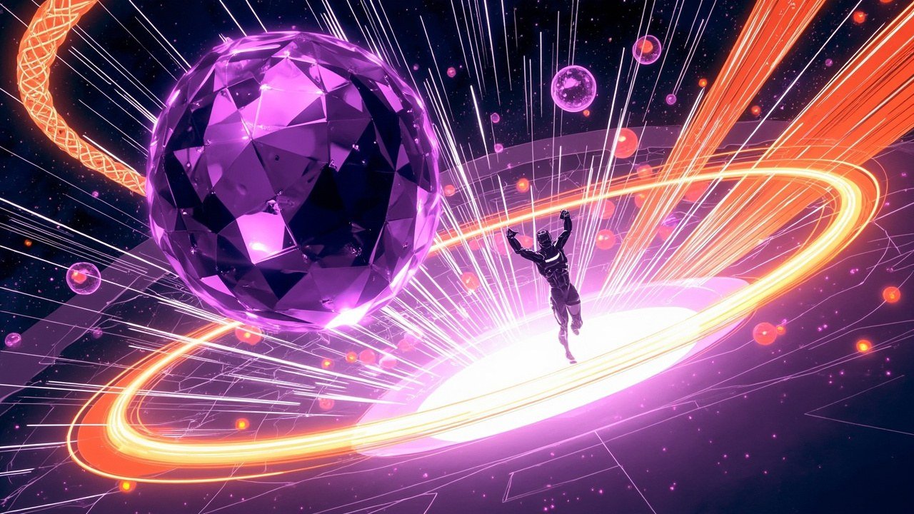 Modern comic book cover illustration in bold black ink with halftone dot shading. A huge faceted violet and magenta crystal orb floats in the upper left of the frame above a brilliant white and pink pool of light on the ground. Braided cables of orange and gold light arc across the scene into the orb, small glowing orange spheres float through deep space, and a small black silhouetted robot figure with both arms raised stands inside the pool of light. White and magenta speed lines radiate upward across a dark navy starfield. The palette is deep navy, electric purple, neon orange and white with heavy black outlines and comic halftone texture. No text or lettering appears anywhere in the image.