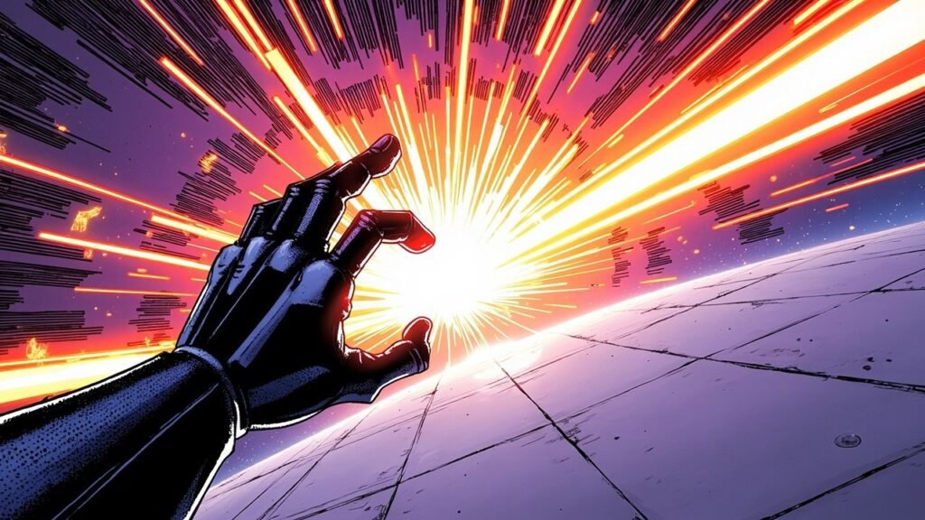 Modern comic book cover illustration in bold black ink with halftone dot shading. A black-gloved robotic hand with three extended fingers reaches from the lower left toward a brilliant white starburst at centre. Orange and red light rays radiate outward across a deep violet sky above a pale geometric floor marked by perspective lines. No text or lettering appears anywhere in the image.