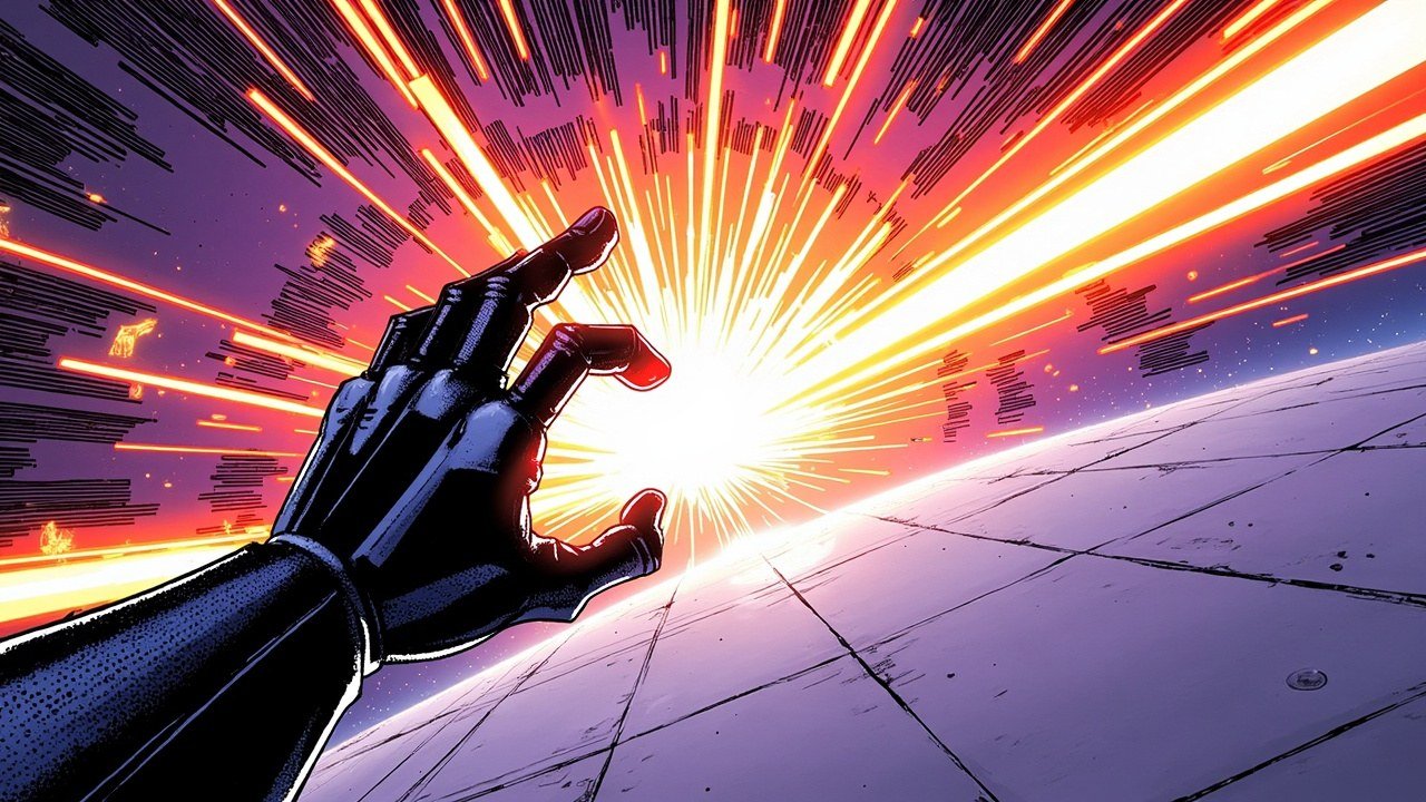 Modern comic book cover illustration in bold black ink with halftone dot shading. A black-gloved robotic hand with three extended fingers reaches from the lower left toward a brilliant white starburst at centre. Orange and red light rays radiate outward across a deep violet sky above a pale geometric floor marked by perspective lines. No text or lettering appears anywhere in the image.
