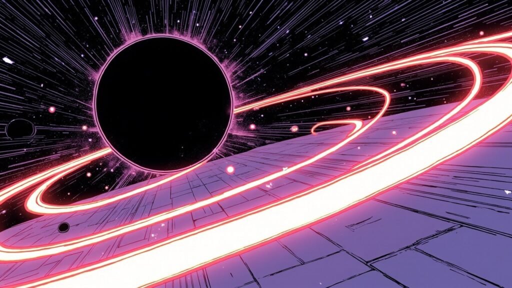 Modern comic book cover illustration for a SpaceX GPU lease story. A colossal smooth black sphere of energy hangs in a dark navy star field at upper left, its rim fringed with fine radiating pink strokes. One enormous ribbon of white light edged in crimson sweeps in a wide curve from the sphere down across a purple geometric plain marked with faint hatching, with small glowing round motes scattered through the scene. Bold black ink outlines, comic halftone dot shading, vivid cel-shaded colours, deep navy and electric purple palette with white highlights and a neon orange accent. No text or lettering anywhere.