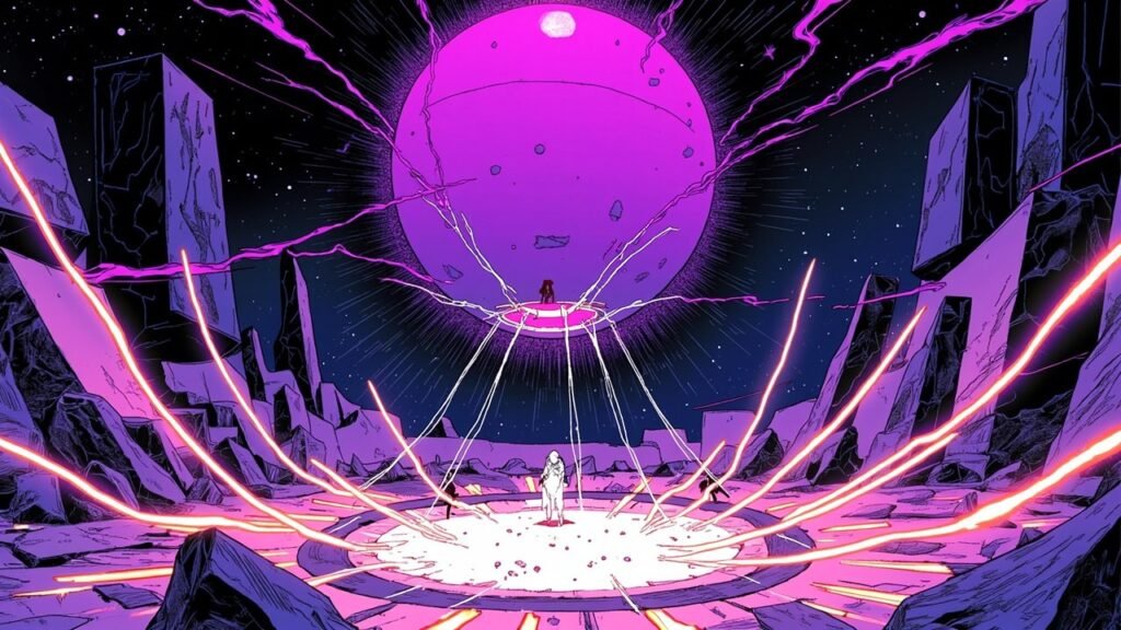 Modern comic book cover illustration. A towering smooth violet orb-shaped core hangs above a fractured geometric platform under a star field, with several ribbons of orange and white light flowing upward from the platform and binding into the core. Small silhouetted robotic figures stand at the base. Deep navy, electric purple and neon orange palette with bold black ink outlines and comic halftone dot shading. No text appears anywhere in the image.