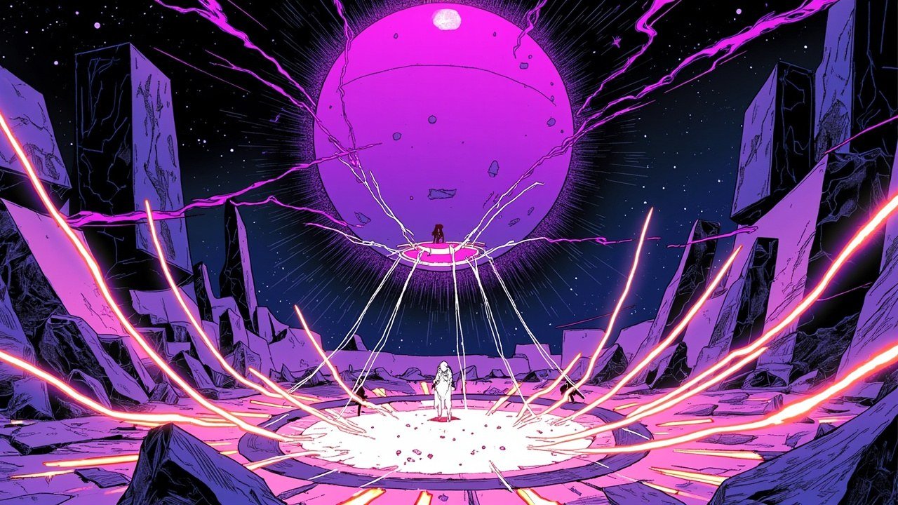 Modern comic book cover illustration. A towering smooth violet orb-shaped core hangs above a fractured geometric platform under a star field, with several ribbons of orange and white light flowing upward from the platform and binding into the core. Small silhouetted robotic figures stand at the base. Deep navy, electric purple and neon orange palette with bold black ink outlines and comic halftone dot shading. No text appears anywhere in the image.