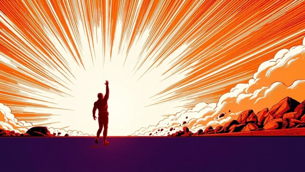 Modern comic book cover illustration for an Altera Agilex 2X FPGA portfolio launch story. A single bold flat red silhouette of an engineer, seen strictly from behind, stands small near the centre of the frame with one arm raised toward a vast white sunburst that fills the upper half of the image. Smooth continuous orange and cream rays fan outward from the burst, white clouds gather along the horizon, and a row of jagged red rocks lines the distant ridge. The bottom third is one completely smooth flat purple band of ground. Bold black ink outlines, comic halftone dot shading, vivid cel-shaded colours, deep navy and electric purple palette with white highlights and a neon orange accent. No text or lettering anywhere.