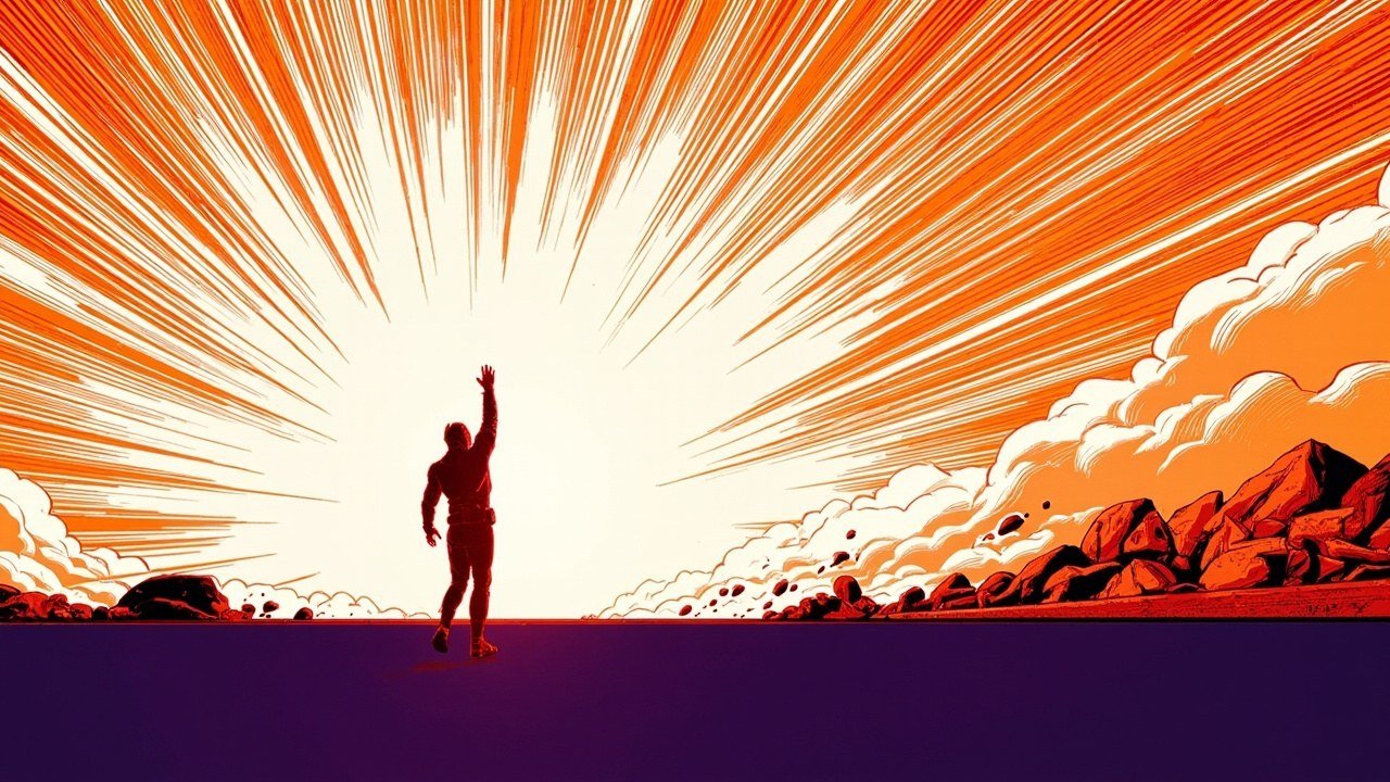 Modern comic book cover illustration for an Altera Agilex 2X FPGA portfolio launch story. A single bold flat red silhouette of an engineer, seen strictly from behind, stands small near the centre of the frame with one arm raised toward a vast white sunburst that fills the upper half of the image. Smooth continuous orange and cream rays fan outward from the burst, white clouds gather along the horizon, and a row of jagged red rocks lines the distant ridge. The bottom third is one completely smooth flat purple band of ground. Bold black ink outlines, comic halftone dot shading, vivid cel-shaded colours, deep navy and electric purple palette with white highlights and a neon orange accent. No text or lettering anywhere.