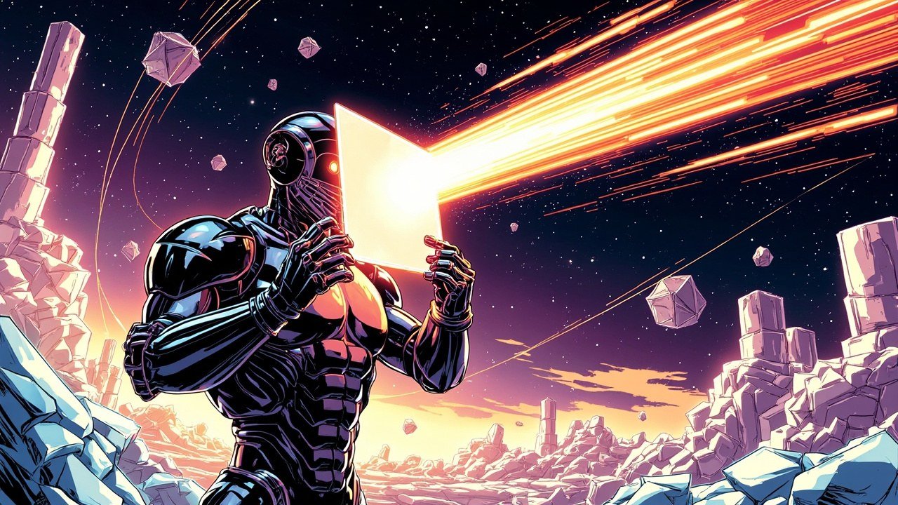 Modern comic book cover illustration with bold black ink outlines and halftone dot shading. A glossy black robot inventor holds up a glowing quartz wafer, faceted crystal formations orbit around it, and a fiery orange and yellow beam streaks across a deep navy star field above pale rocky ground.