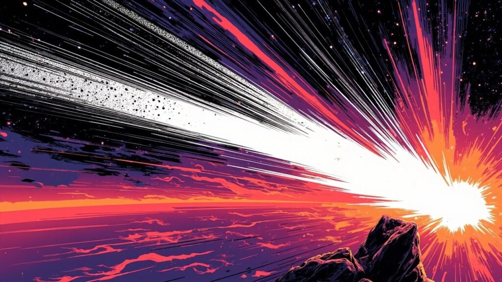 Modern comic book cover illustration for Kodiak driverless trucks. A brilliant white and neon orange burst of light drives in from the right side of the frame, long thin black ink speed lines radiate across a deep navy and electric purple field, and comic halftone dot shading fills the bright areas. A dark angular rock spire rises in the lower right corner above a flat purple and red ground. Bold thick black ink outlines, vivid cel-shaded colours, no text, no letters, no numbers, no logos and no watermarks.