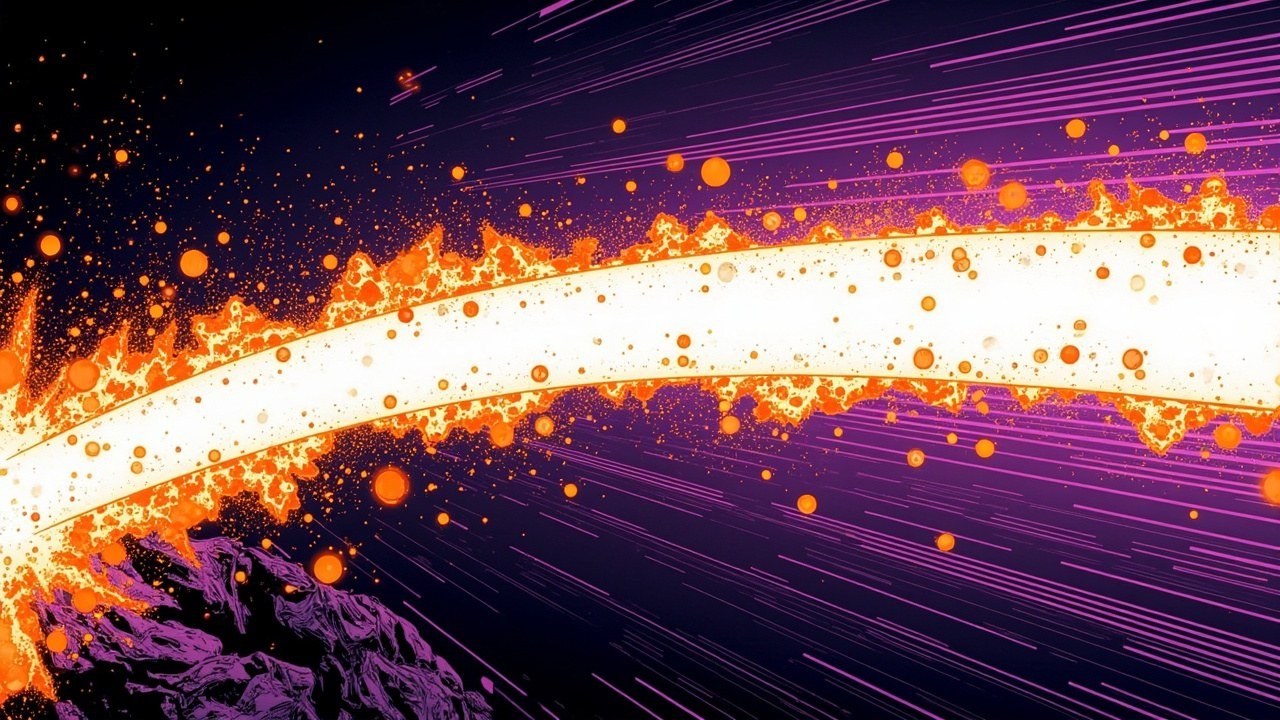 Modern comic book cover illustration for Amazon Q3 earnings. A colossal sweeping arc of blazing white and neon orange light crosses the frame, a dense swarm of tiny glowing motes clusters along its length, and a brilliant radiant core of smooth continuous purple rays glows at one end above a flat pale band. The background is a flat deep navy field with purple radiating speed lines. Bold thick black ink outlines, comic halftone dot shading, vivid cel-shaded colours, no text, no letters, no numbers, no logos and no watermarks.