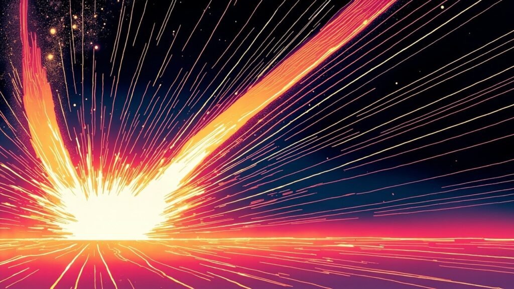 Modern comic book cover illustration for the Waymo Toyota bZ4X robotaxi. A brilliant white and neon orange burst of light explodes from the lower left corner, sending long thin orange and gold rays sweeping diagonally across a deep navy and electric purple sky scattered with small stars. The horizon is a flat band of glowing magenta and red. Bold thick black ink outlines, comic halftone dot shading, vivid cel-shaded colours, no text, no letters, no numbers, no logos and no watermarks.