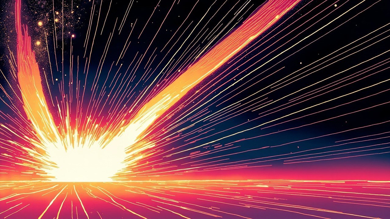 Modern comic book cover illustration for the Waymo Toyota bZ4X robotaxi. A brilliant white and neon orange burst of light explodes from the lower left corner, sending long thin orange and gold rays sweeping diagonally across a deep navy and electric purple sky scattered with small stars. The horizon is a flat band of glowing magenta and red. Bold thick black ink outlines, comic halftone dot shading, vivid cel-shaded colours, no text, no letters, no numbers, no logos and no watermarks.