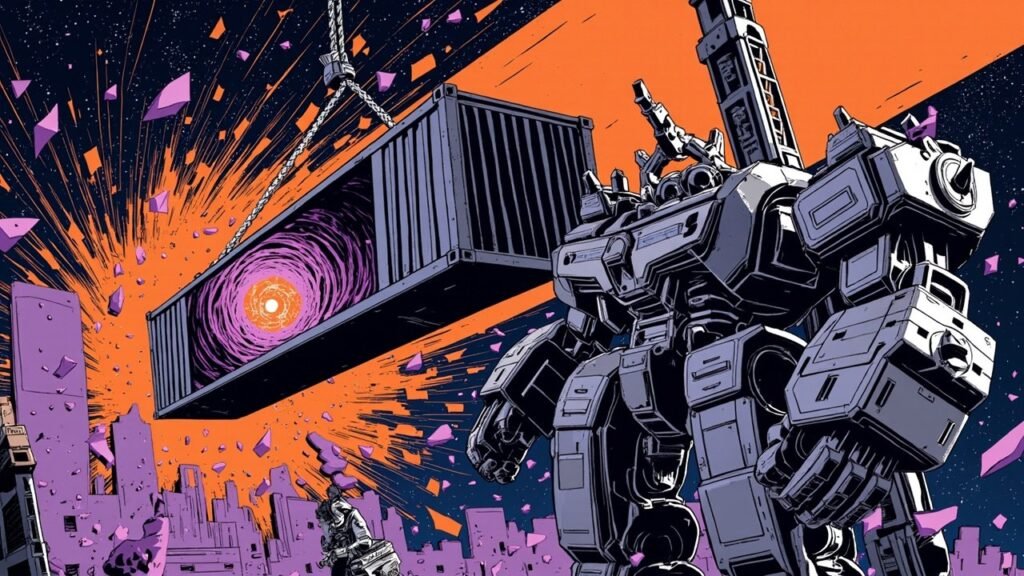 Modern comic book cover illustration. A towering grey armored robot grips a shipping container suspended from an overhead crane hook, the container split open to reveal swirling purple energy around a bright orange core. Purple geometric shards scatter across a navy background with a bold orange burst behind the container, and a small worker figure stands below in a stylized city.
