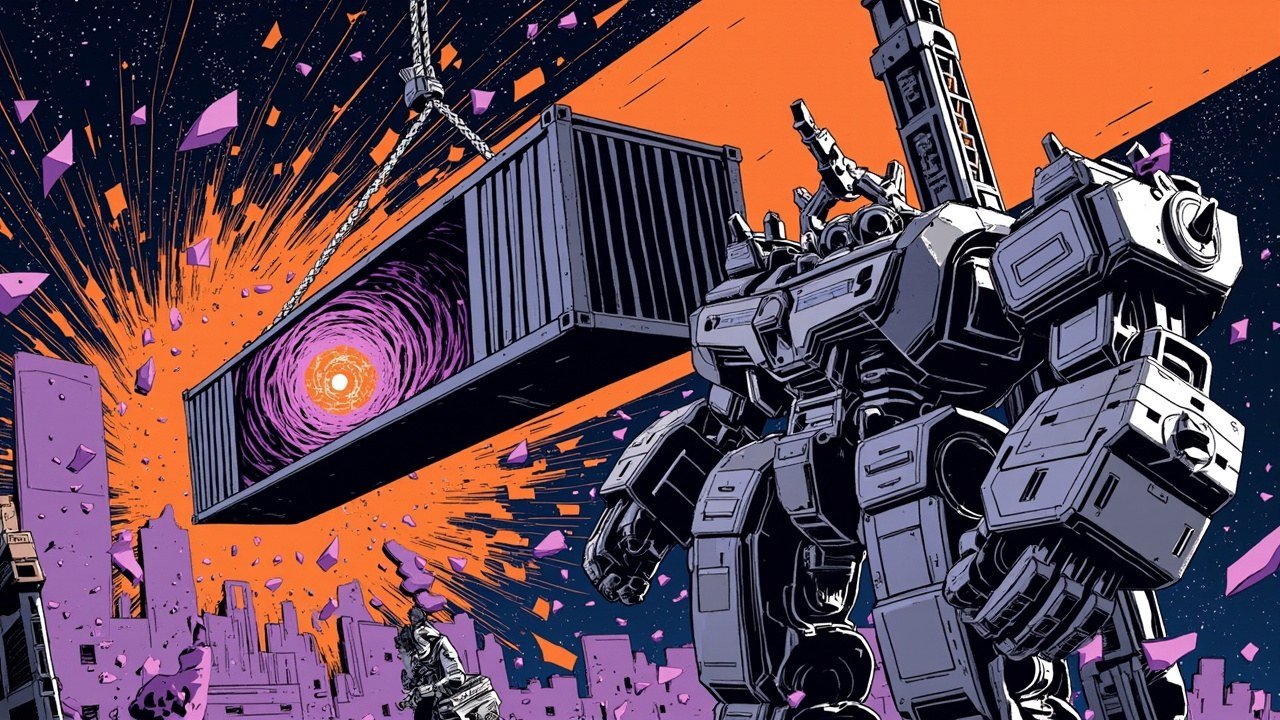 Modern comic book cover illustration. A towering grey armored robot grips a shipping container suspended from an overhead crane hook, the container split open to reveal swirling purple energy around a bright orange core. Purple geometric shards scatter across a navy background with a bold orange burst behind the container, and a small worker figure stands below in a stylized city.