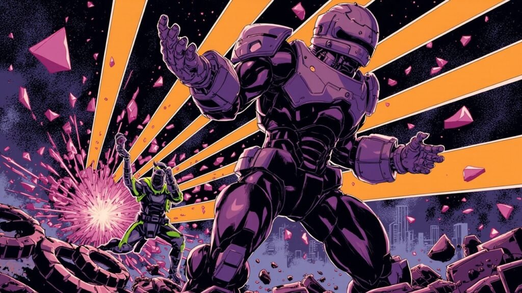 Modern comic book cover illustration in deep navy, electric purple, neon orange and black with bold black ink outlines and halftone dot shading. A colossal purple armored robot with a sealed helmet stands at the centre with both hands thrown wide, bracing against a radiating wall of orange beams of light that fills the upper right of the frame. Violet angular shards explode across the scene, a smaller figure in a lime-trimmed suit reaches up toward a pink burst of light on the left, and heavy cogs and geometric debris tumble through the foreground.