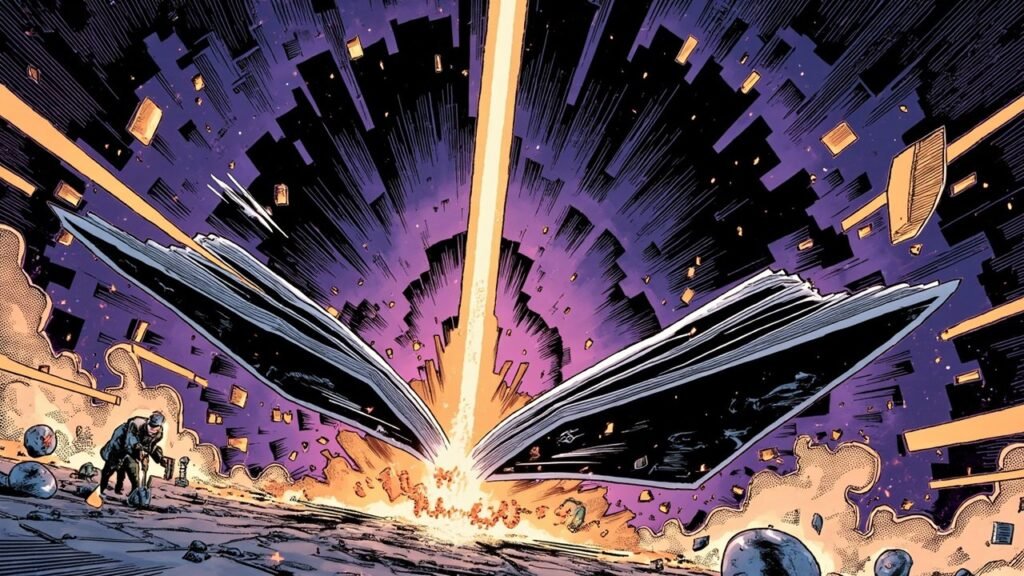 Modern comic book cover illustration in deep navy and electric purple of a giant two-panel hinged device bursting open with bright orange light between the halves, a small inventor with a toolbox below.