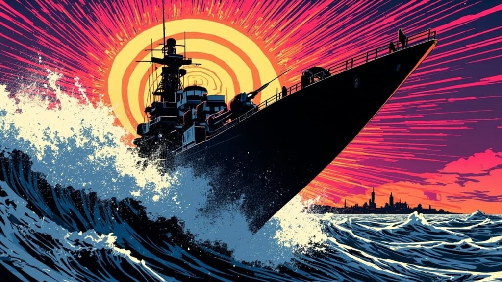 Modern comic book cover illustration for the HD Hyundai VAone Anduril Lattice autonomous vessel: HD Hyundai and Anduril